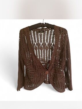 Boho Hippie Festival Crochet layering Button-Front Brown Women's Cardigan size L